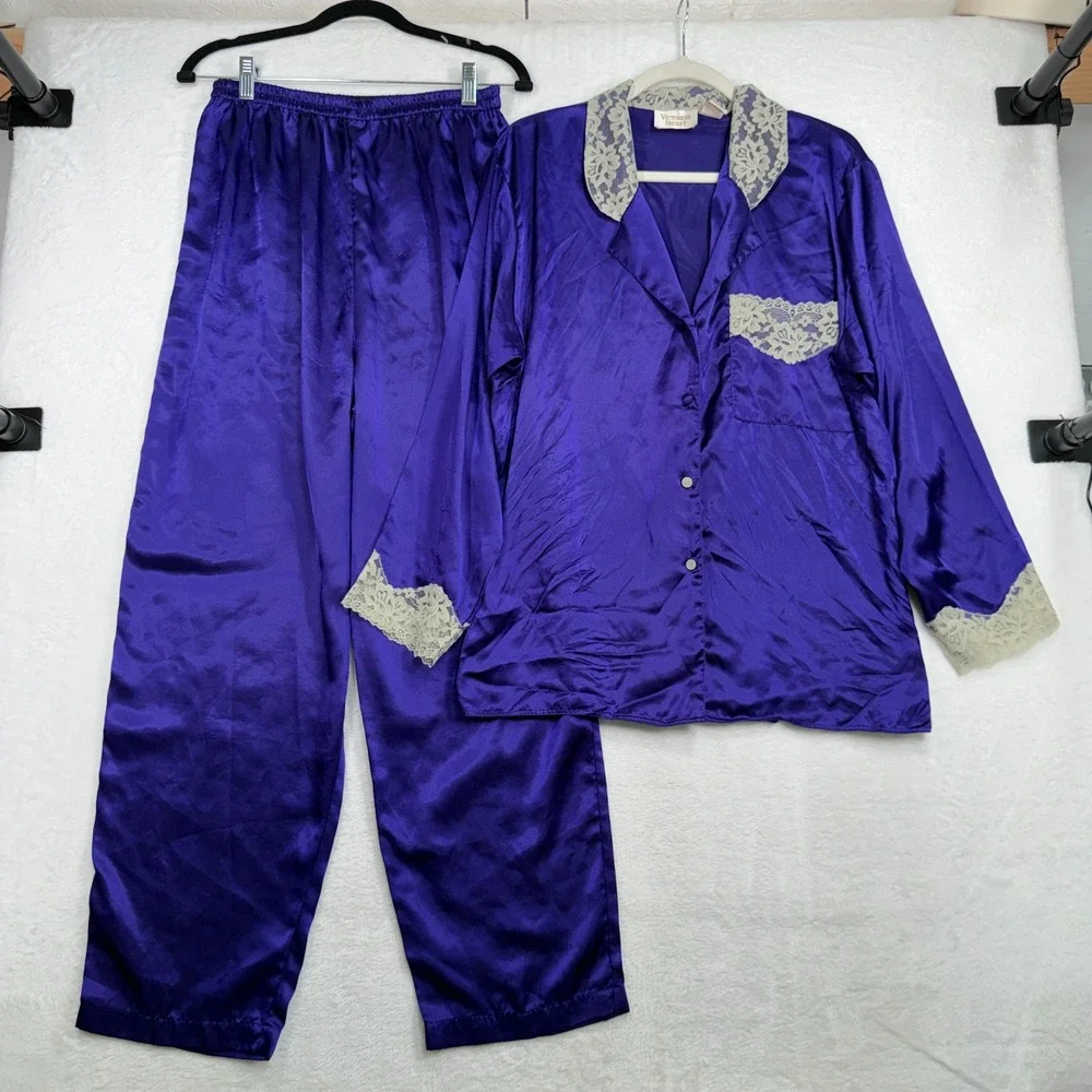 Victoria's Secret M Pajama Set Vintage Gold Label Purple Satin Lace Trim 2pc
